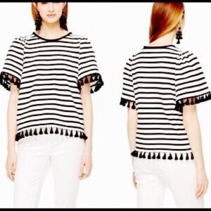 Kate Spade Broome Street Striped Puff  Sleeve Tassel Hem Top Sz Small